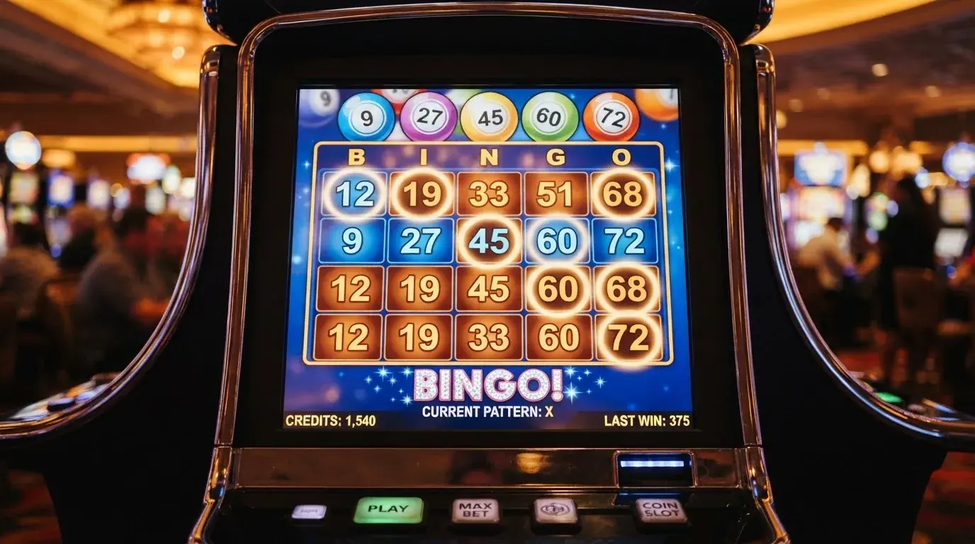 Ekran automatu do gry z kolorową planszą w stylu bingo i podświetlonymi liczbami