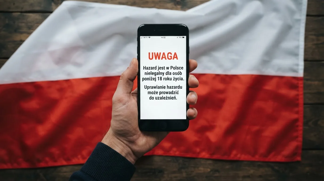 Dłoń trzymająca telefon z widocznym komunikatem ostrzegawczym o legalności hazardu online na tle biało-czerwonej flagi Polski.