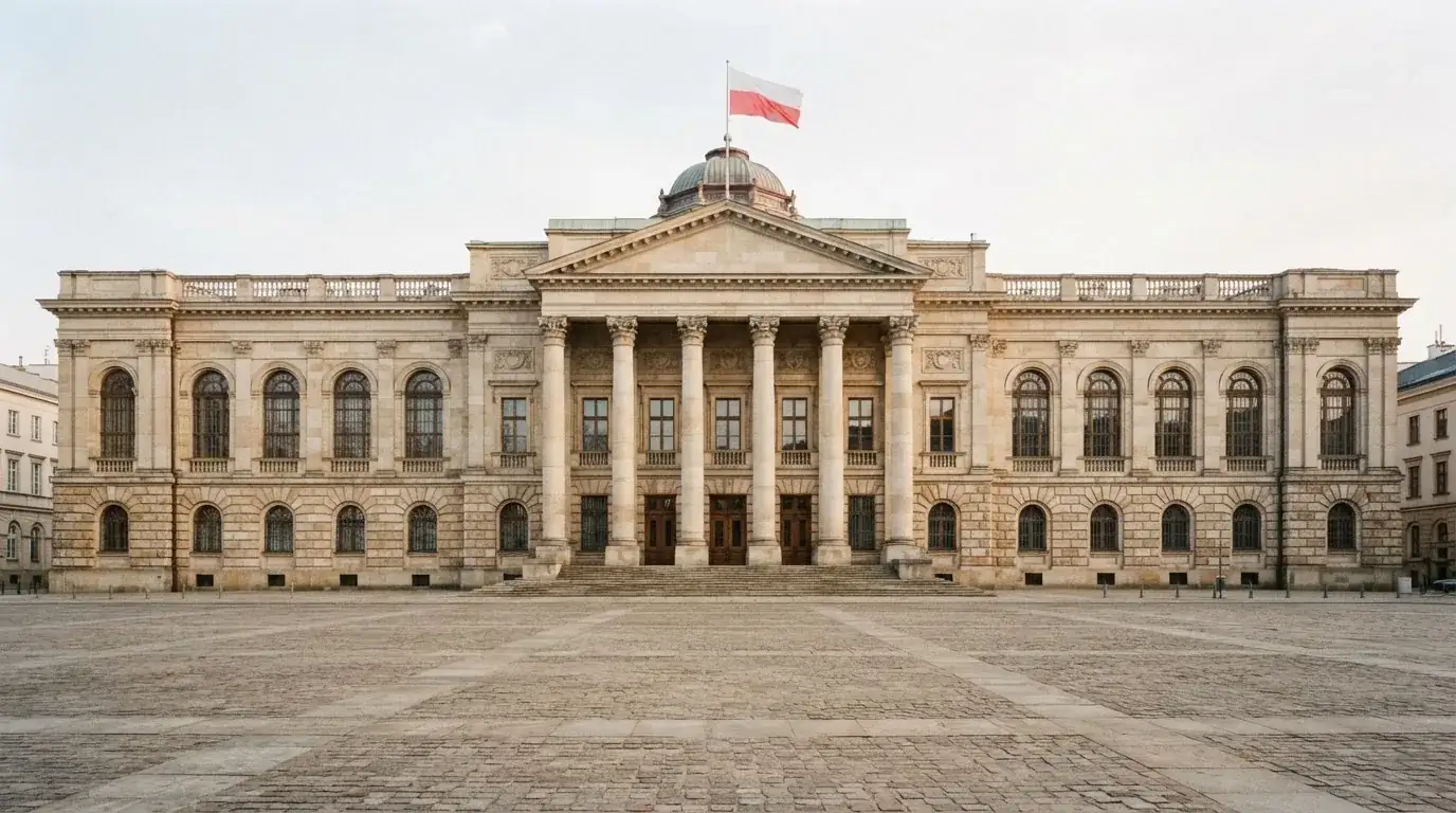 Fasada budynku instytucji państwowej z flagą Polski, symbol nadzoru regulatora nad rynkiem gier hazardowych