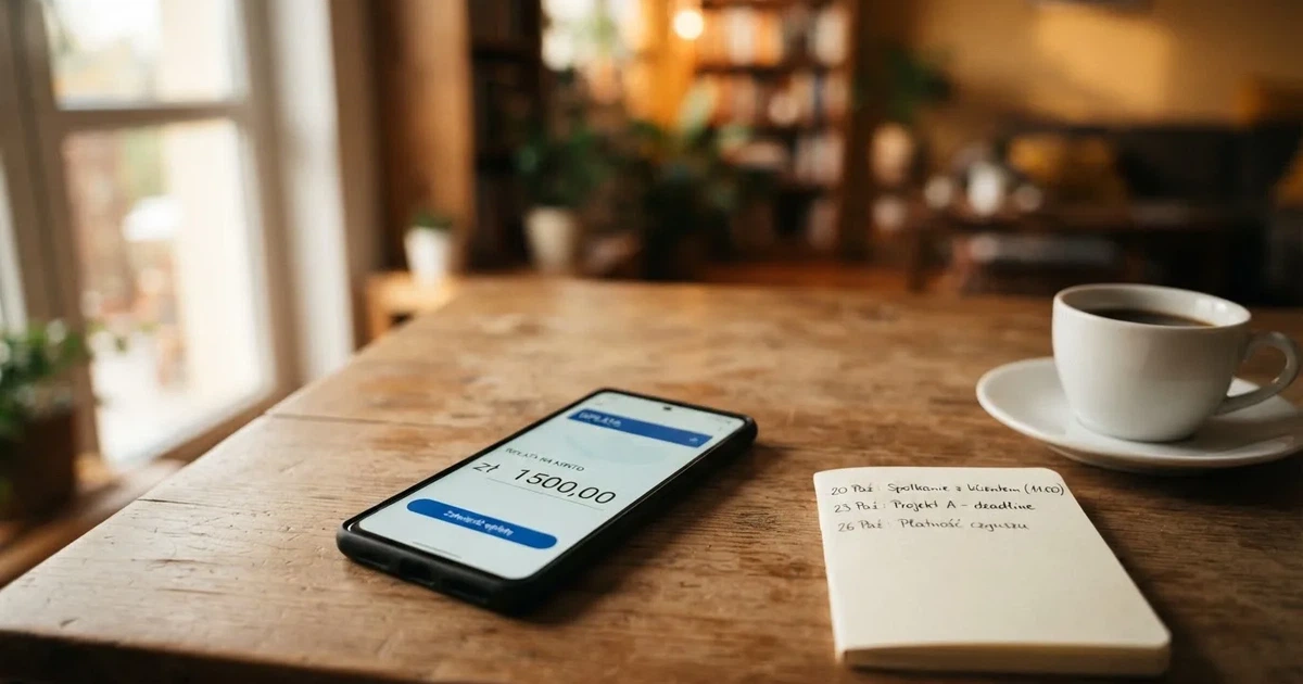 Smartfon z otwartym ekranem wpłaty na konto gracza i kalendarzem kolejnych wpłat obok, na biurku przy filiżance kawy