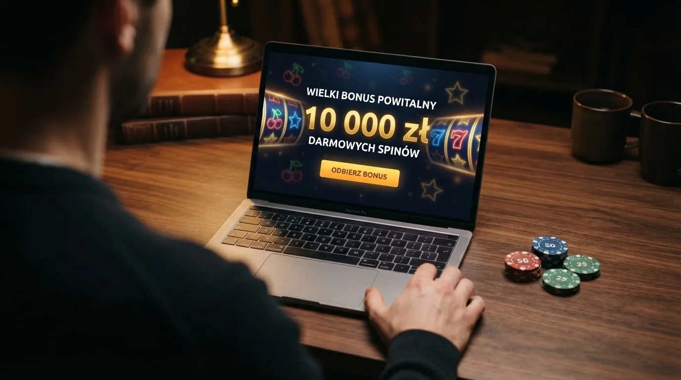 Widok z góry na laptop z otwartą tabelą porównawczą ofert powitalnych kilku serwisów kasynowych
