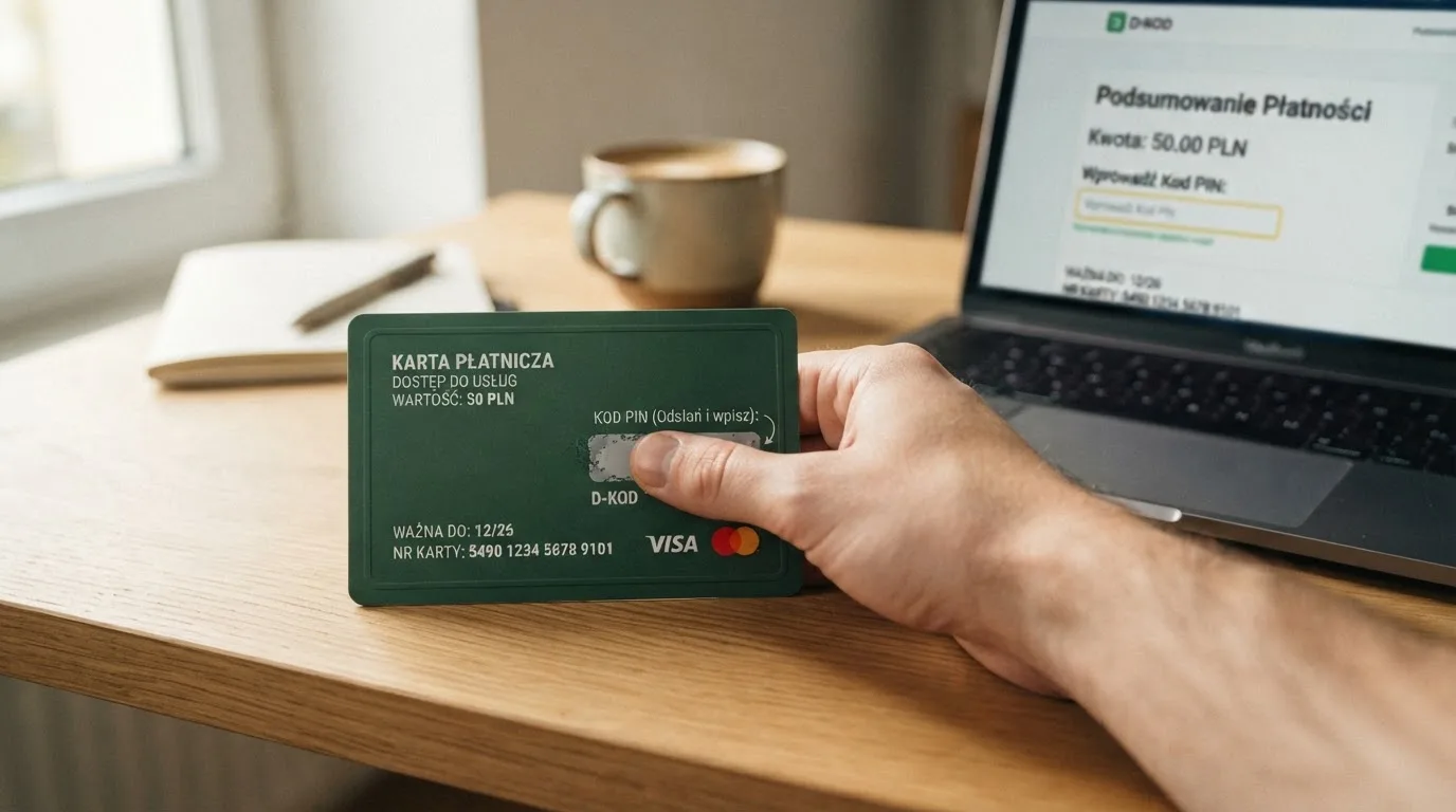 Karta przedpłacona Paysafecard z zasłoniętym polem kodu PIN obok klawiatury laptopa