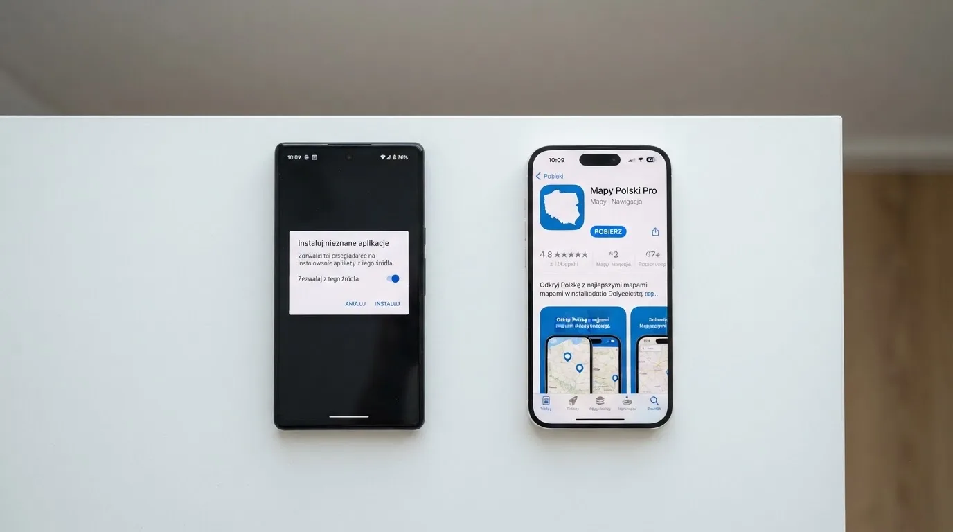 Dwa telefony obok siebie: na jednym komunikat zgody na instalację pliku APK z nieznanego źródła, na drugim strona aplikacji w sklepie z przyciskiem pobierania