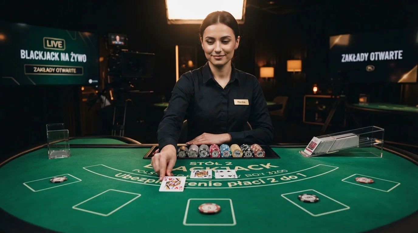 Krupier rozdający karty przy stole blackjacka podczas transmisji na żywo