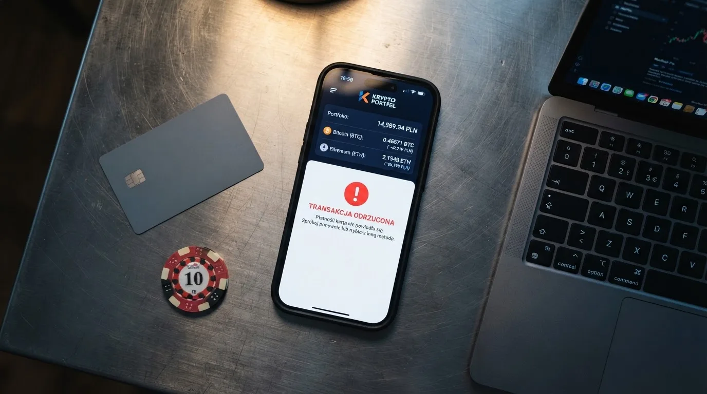 Smartfon z otwartym portfelem kryptowalut i komunikatem o odrzuconej płatności leżący obok laptopa
