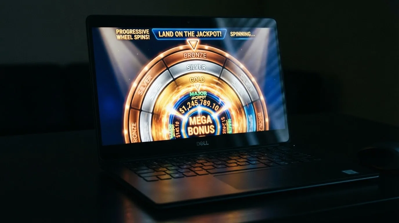 Kołowy wskaźnik jackpota z czterema poziomami nagród na ekranie automatu online, rosnąca pula w tle