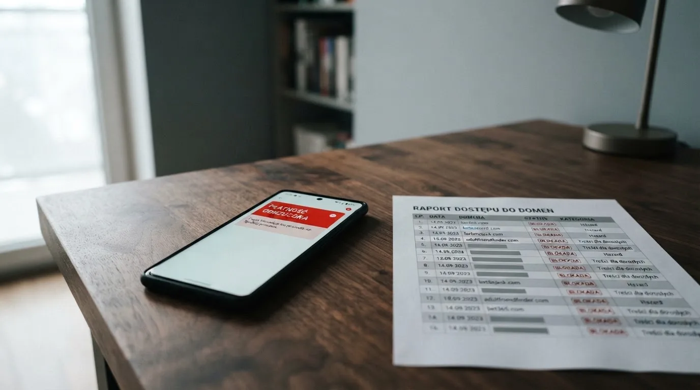 Telefon z komunikatem o odrzuconej płatności na ekranie, obok wydruk tabeli z listą zablokowanych adresów stron