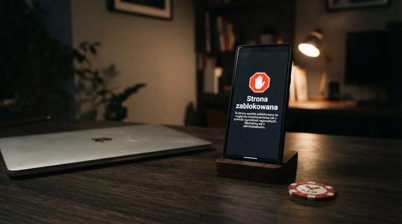 Biurko z wydrukiem ustawy o grach hazardowych i telefonem wyświetlającym komunikat o zablokowanej stronie kasyna