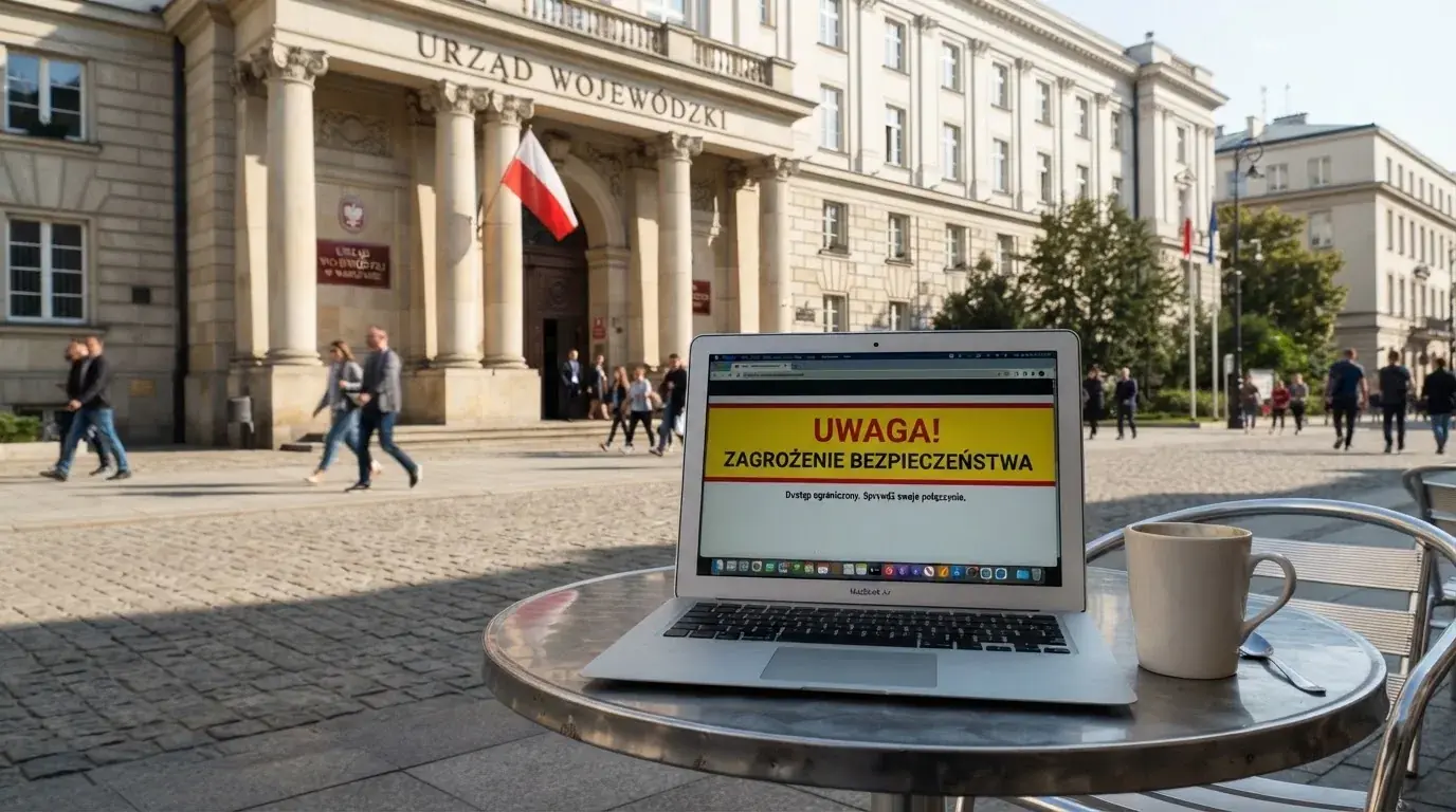 Budynek urzędu z tablicą ministerstwa, na pierwszym planie laptop z komunikatem o zablokowanej stronie kasyna
