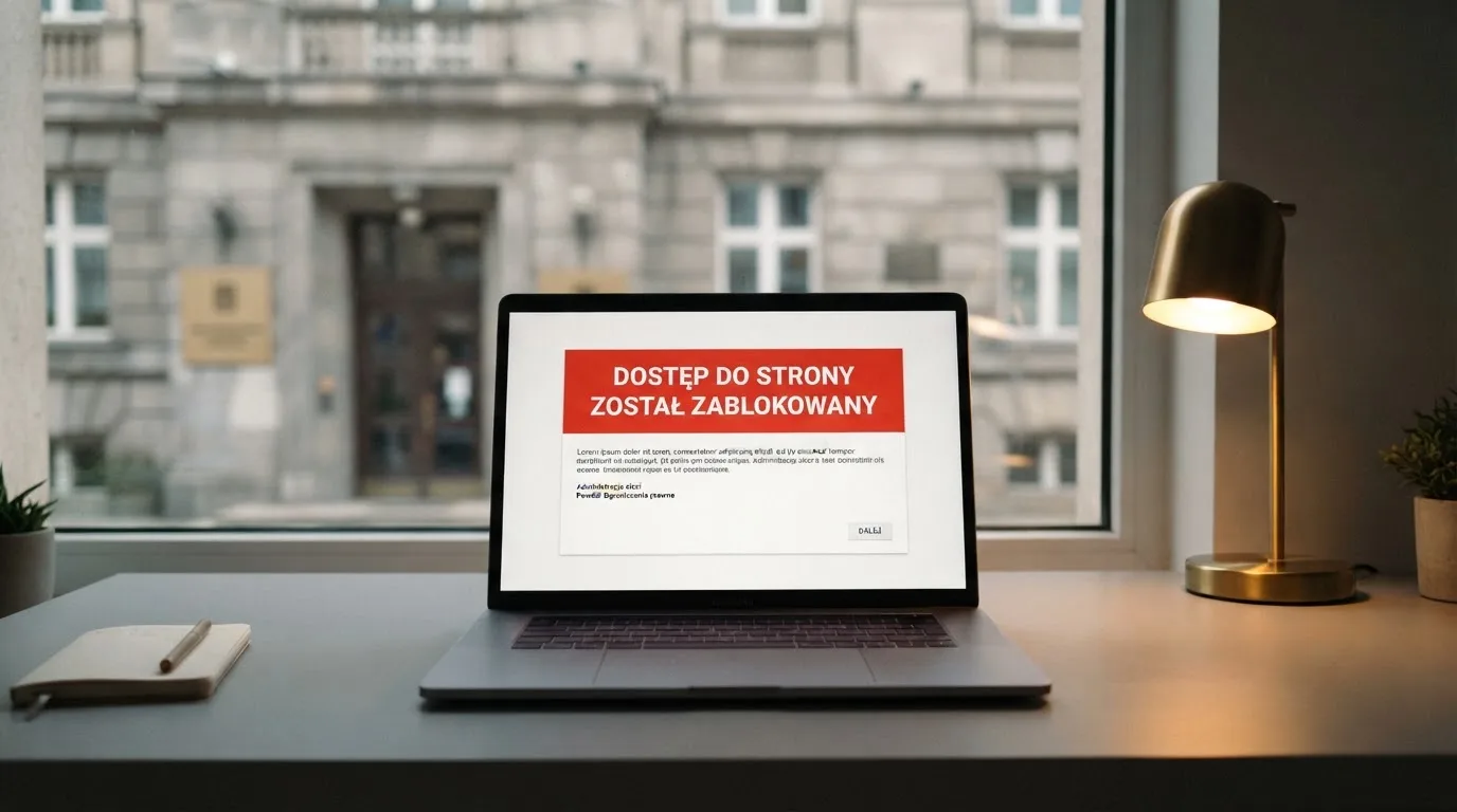 Laptop z komunikatem o zablokowanej stronie hazardowej, w tle budynek urzędu z tablicą ministerstwa