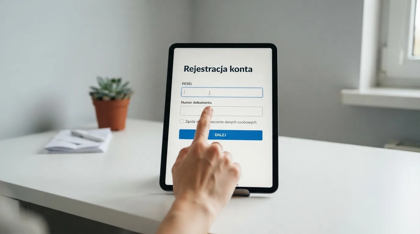 Formularz rejestracji konta gracza z polami na PESEL i numer dokumentu tożsamości na ekranie tabletu