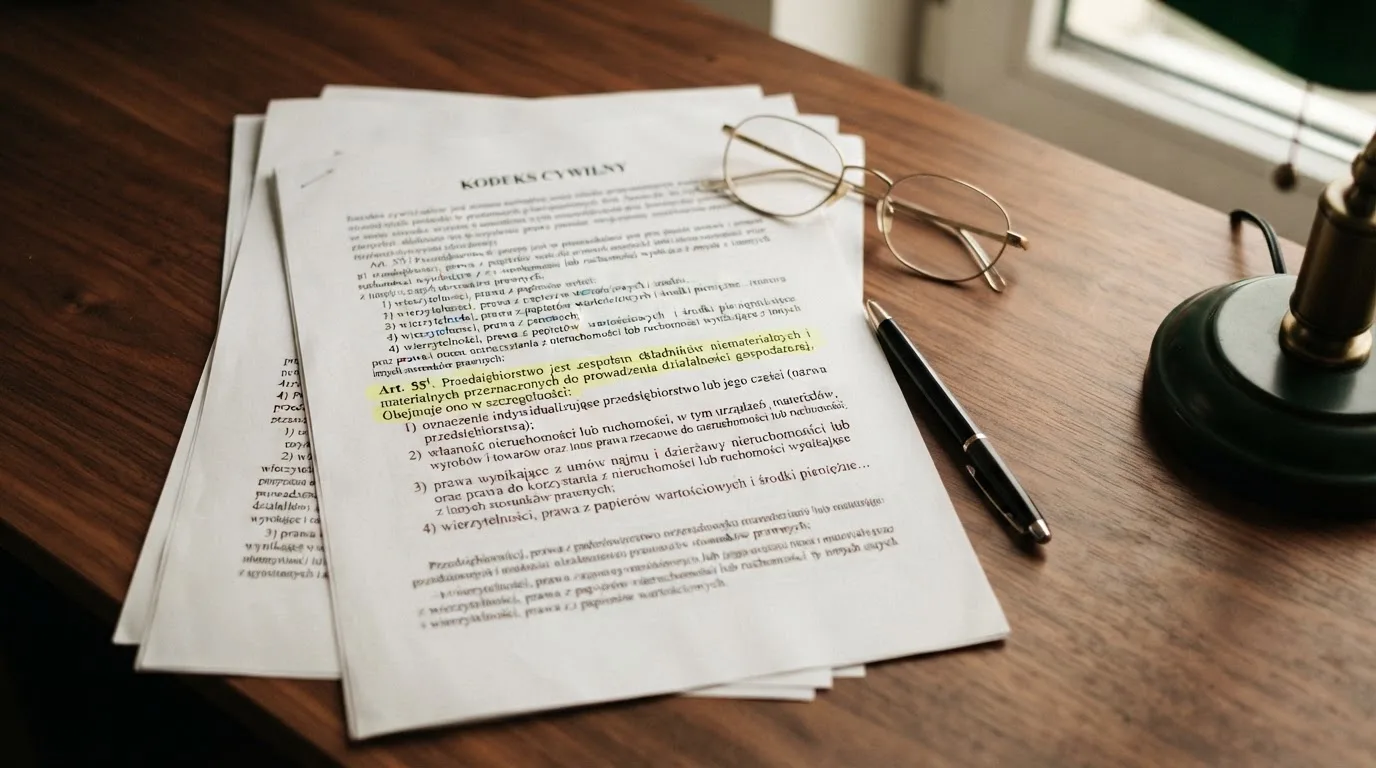 Wydruk ustawy o grach hazardowych z zakreślonym artykułem, obok okulary i długopis na drewnianym stole