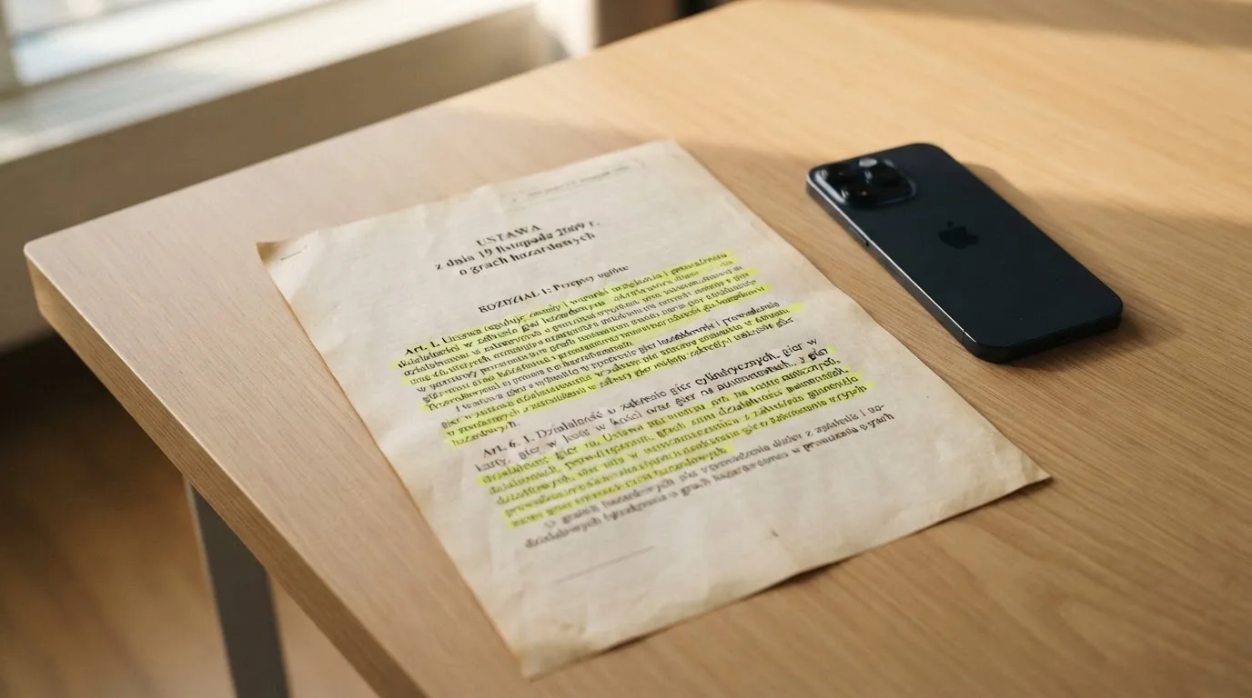 Wydruk ustawy o grach hazardowych z zakreślonymi artykułami leżący na biurku obok wyłączonego smartfona