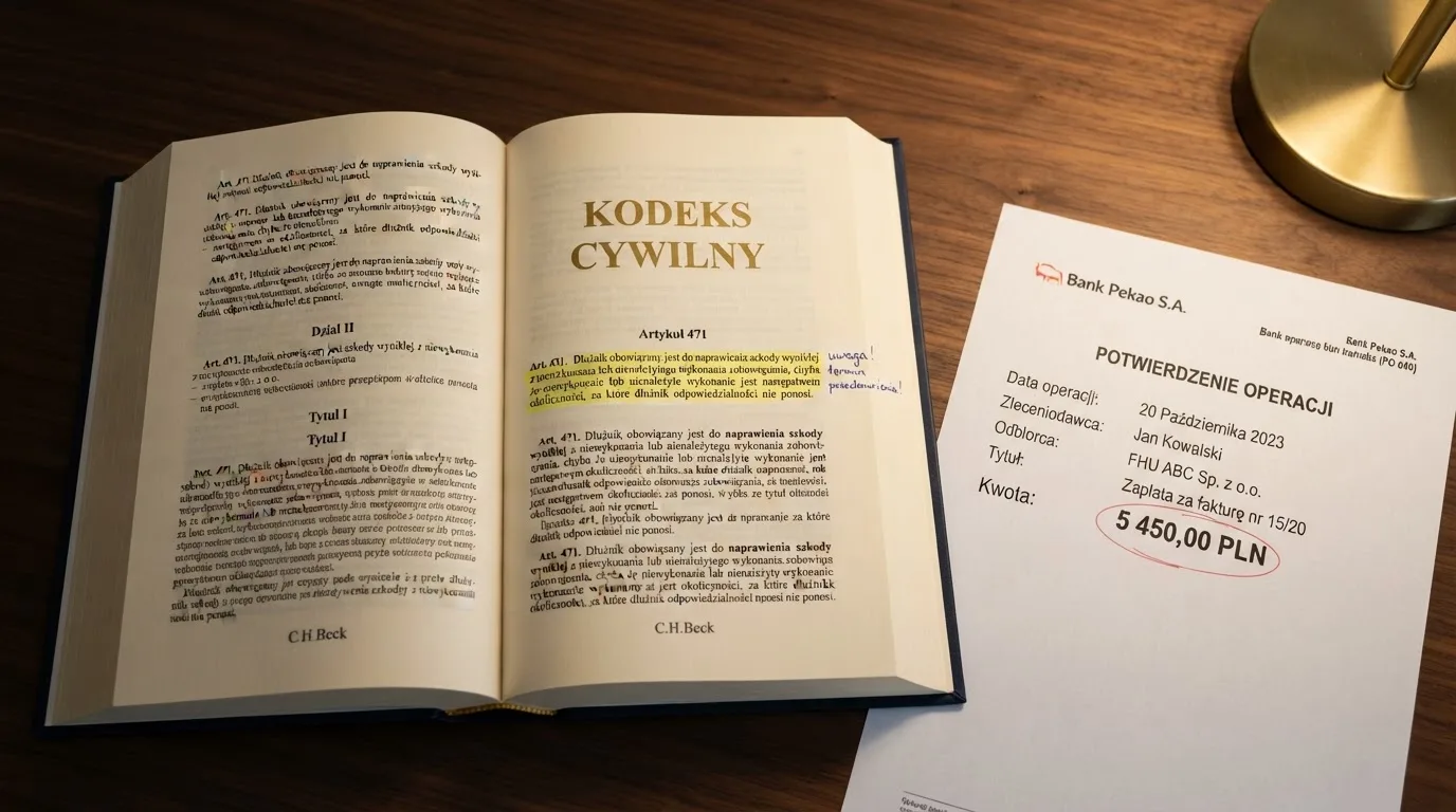 Otwarty tekst ustawy o grach hazardowych z zakreślonym artykułem, obok wydruku potwierdzenia przelewu wygranej