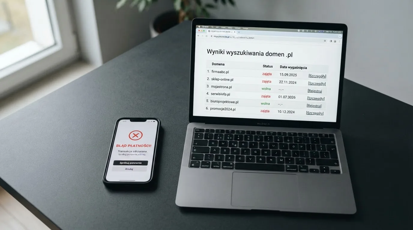 Ekran telefonu z odrzuconą płatnością BLIK obok otwartej w przeglądarce wyszukiwarki rejestru domen Ministerstwa Finansów