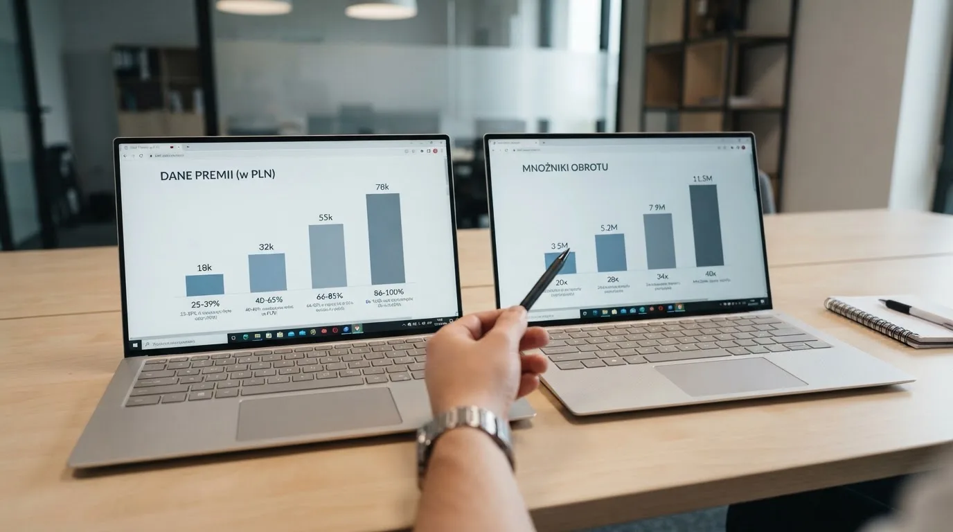 Dwa laptopy stoją obok siebie na biurku, każdy z prostym wykresem słupkowym o innej wysokości na ekranie, a dłoń trzyma długopis między nimi