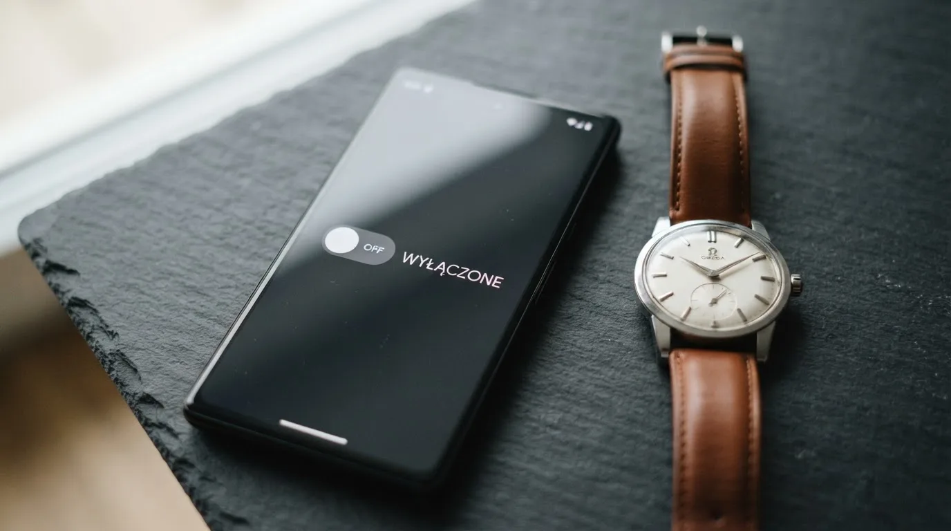 Smartfon leży na stole z prostym ekranem przełącznika ustawionego w pozycji wyłączonej, obok stoi zegarek na pasku