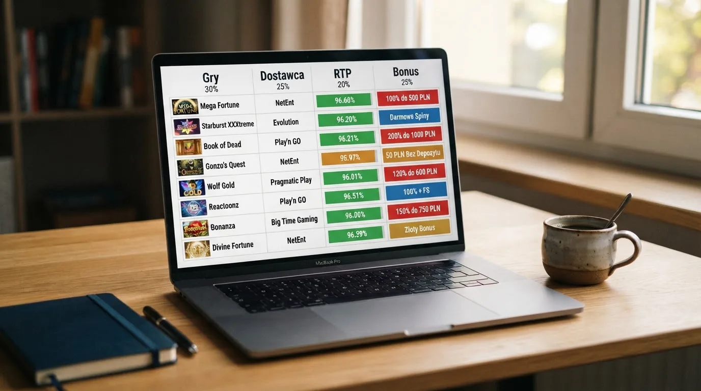 Ekran laptopa z tabelą porównawczą kilku serwisów kasynowych, bez widocznych logotypów marek