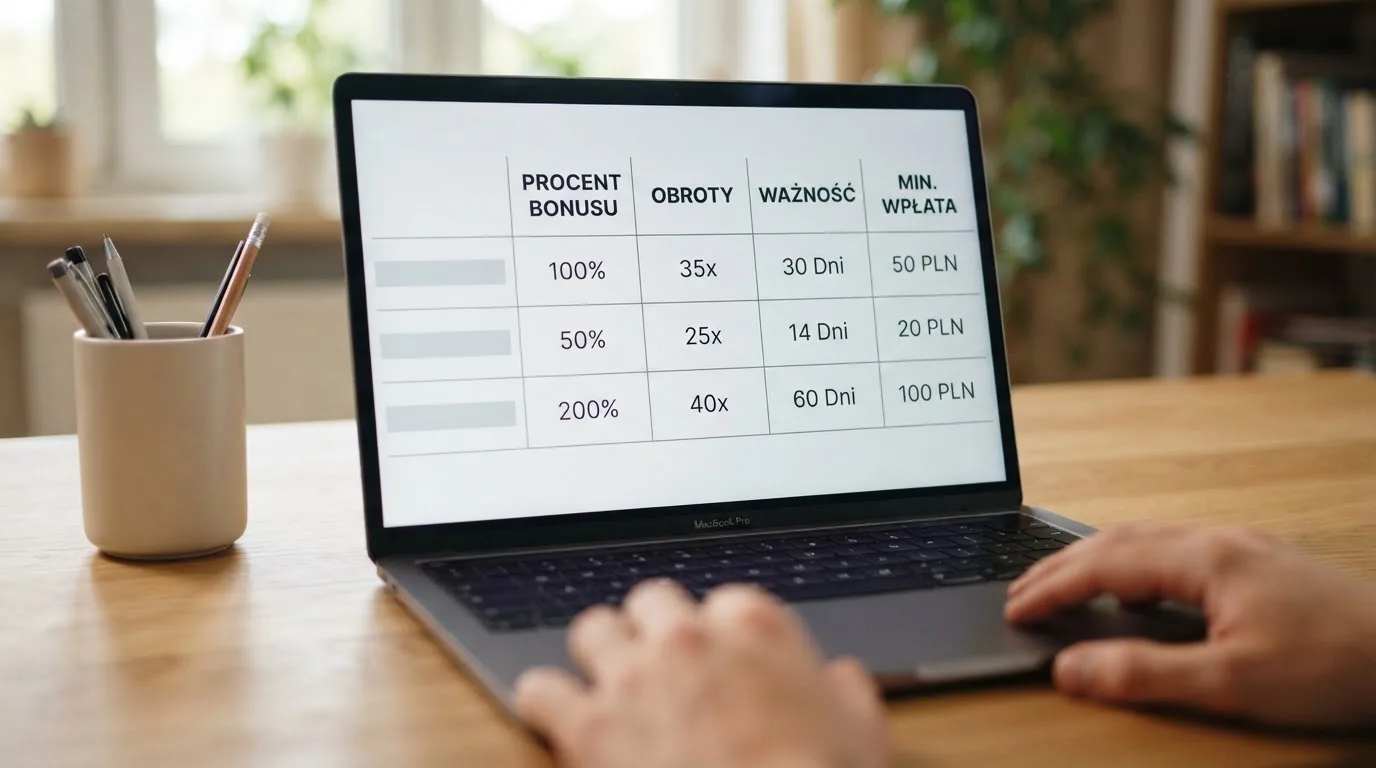 Ekran laptopa z tabelą porównującą procent dopłaty, mnożnik obrotu i termin ważności ofert, bez nazw i logotypów