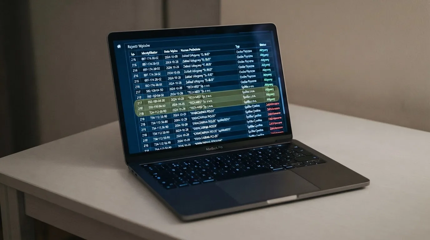 Ekran laptopa z otwartym rejestrem licencji regulatora z Curaçao, w którym jeden wiersz zaznaczono żółtym podświetleniem