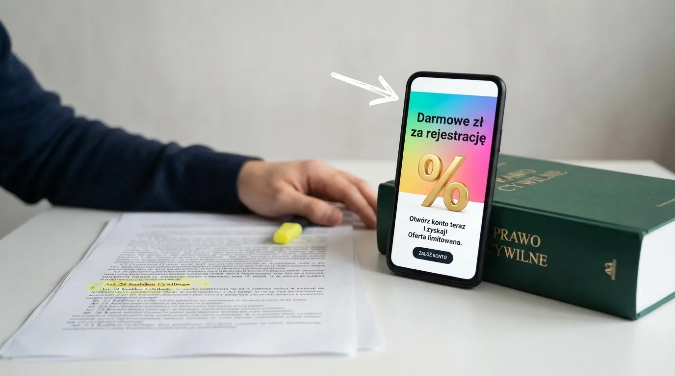 Telefon z banerem obiecującym darmowe złotówki za założenie konta, obok wydrukowany tekst ustawy o grach hazardowych z zaznaczonym artykułem