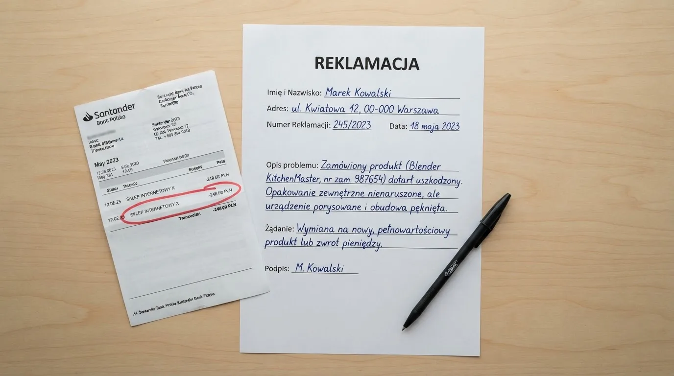 Wydrukowany formularz reklamacji leżący na biurku obok długopisu i wyciągu bankowego z zakreśloną pozycją