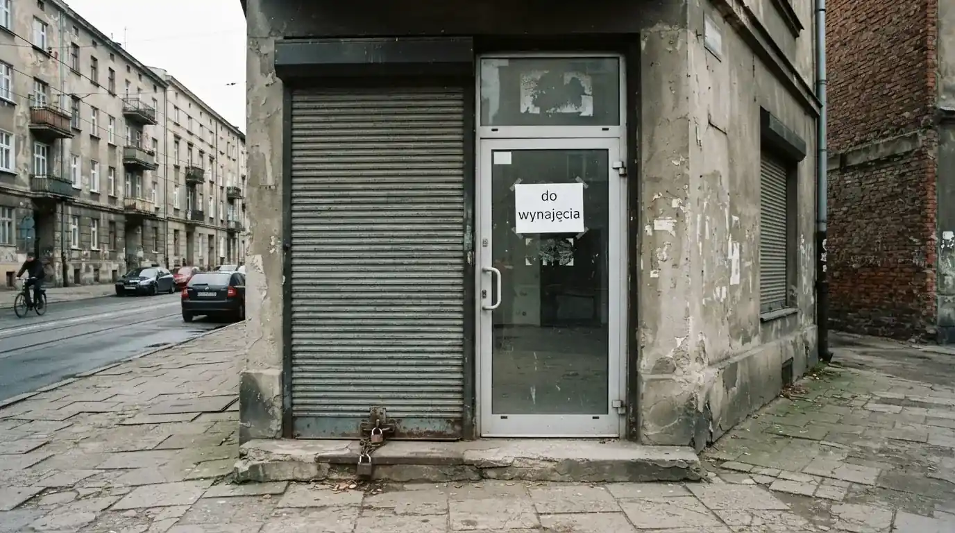 Pusty, zamknięty lokal handlowy z tabliczką „do wynajęcia”, symbolizujący brak działających salonów gry bingo pieniężne