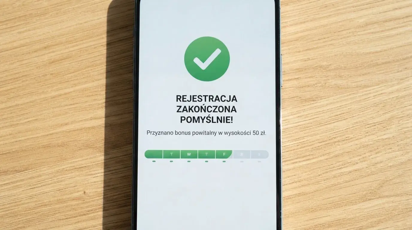 Ekran potwierdzenia założenia konta gracza w kasynie internetowym z komunikatem o bonusie startowym bez wpłaty