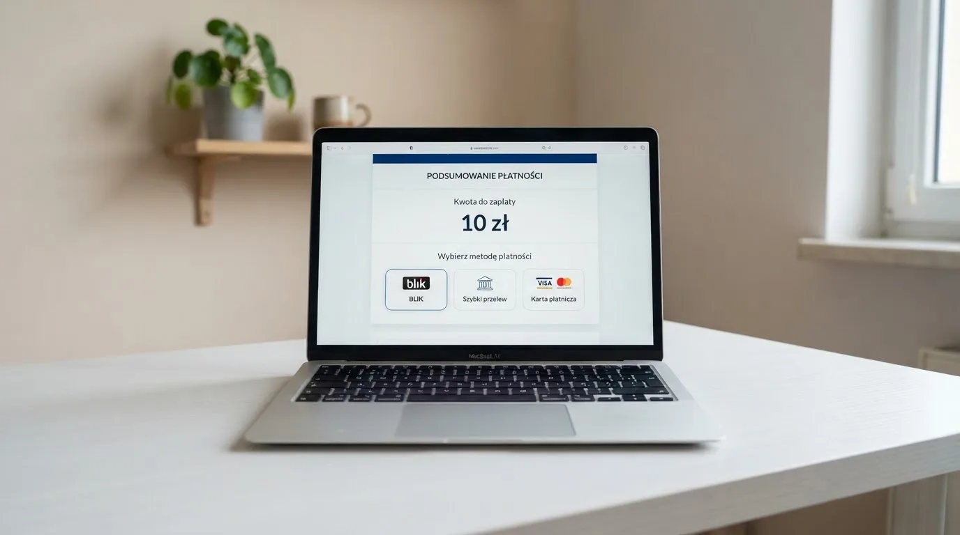 Laptop z otwartym oknem wpłaty na kwotę 10 zł i listą metod: BLIK, karta płatnicza, szybki przelew