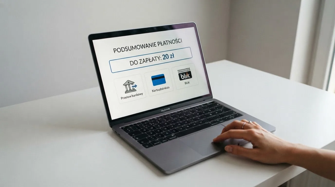 Laptop z otwartym formularzem wpłaty na kwotę 20 zł i wyborem między szybkim przelewem, kartą płatniczą a BLIK-iem